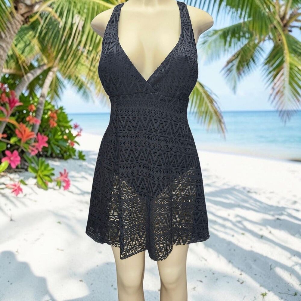 Boho-Chic Lace Overlay Swim Dress Womens XL Black Tummy Control Resortwear